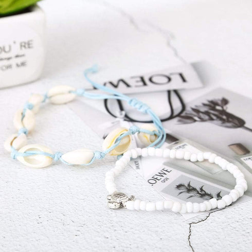 Boho Turtle Layered Shell Anklet Set Silver Ankle Bracelets Beaded Foot Chain Beach Foot Jewelry Accessories for Women summer gifts...