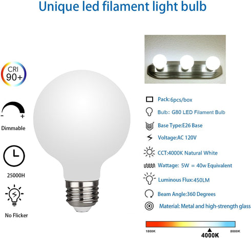 6 Pack G25/G80 Globe LED Bulb, Natural White 4000K Dimmable LED Globe Bulb, 5W Equivalent 40W LED Globe Light Bulbs, CRI 90+, Milky Glass, LED Bul...