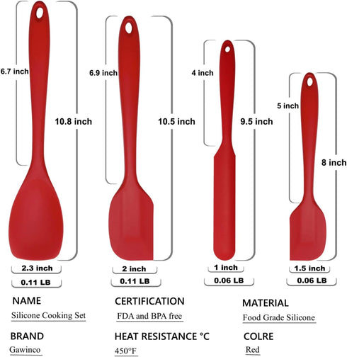 Silicone Spatula Set, Rubber Cooking Utensil Set 4-Piece, Heat Resistant Seamless Turner Spatulas for Nonstick Cookware, Dishwasher Safe, Red...