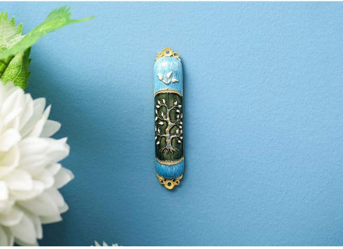 Hand Painted Enamel Mezuzah Embellished with a Tree of Life Design with Gold Accents and Crystals by Matashi, (MTMZ221)...