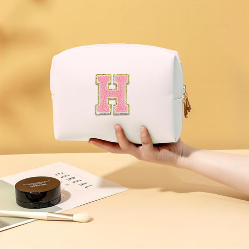 Personalized Initial Letter Makeup Bag,Preppy Patch Makeup Bag,PU Waterproof Travel Toiletry Bag,Chenille Letter Cosmetic Bag,Toiletry Zipper Pouc...