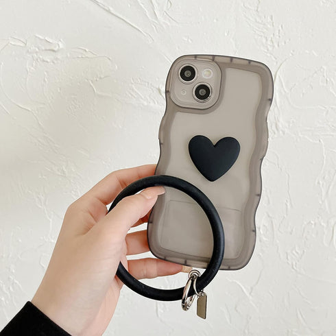 Black Heart Phone Case Compatible with iPhone 14, Cute 3D Love Heart Phone Case, Curly Wave Shape Clear Heart Phone Cover with Round Bracelet for ...