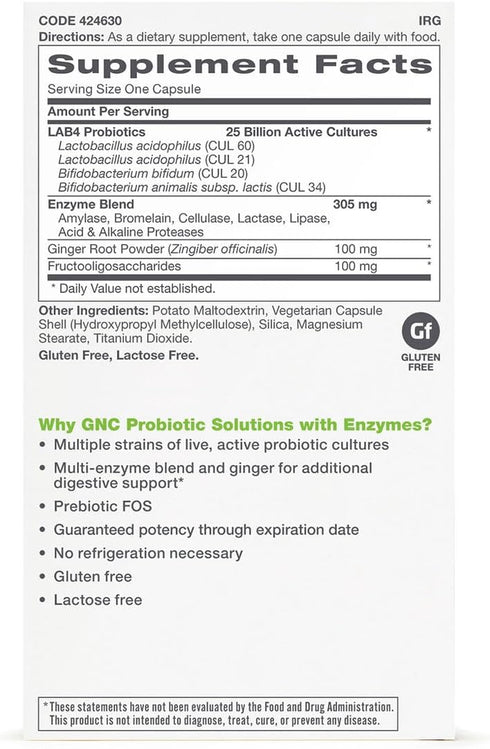 GNC Probiotic Solutions with Enzymes with 25 Billion CFUs, 30 Capsules, Daily Probiotic Support...