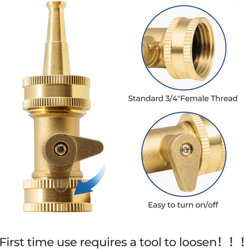 Heavy Duty Brass Hose Nozzle, 3/4" GHT Jet Nozzle High Pressure Garden Water Hose Sprayer Nozzle with Shut Off Valve, Hose Nozzle Sprayer for Hose...