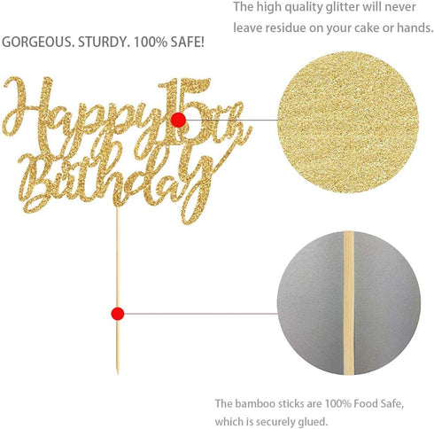 Gold Glitter Happy 15th birthday cake topper, Gold 15 years old birthday party decorations, girl or boy birthday cake toppers...