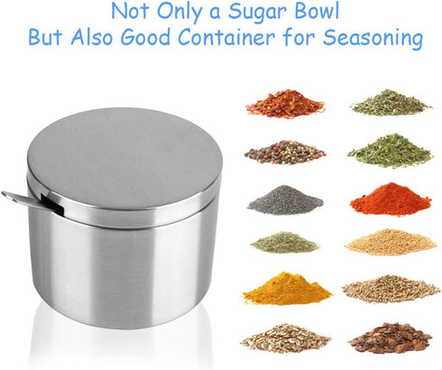Sugar Container with Lid and Spoon,Spice Jars,Stainless Steel 12 Ounce Sugar Bowl,Multi-Function Spice Salt Brown Sugar Jars Container,Coffee Bar ...