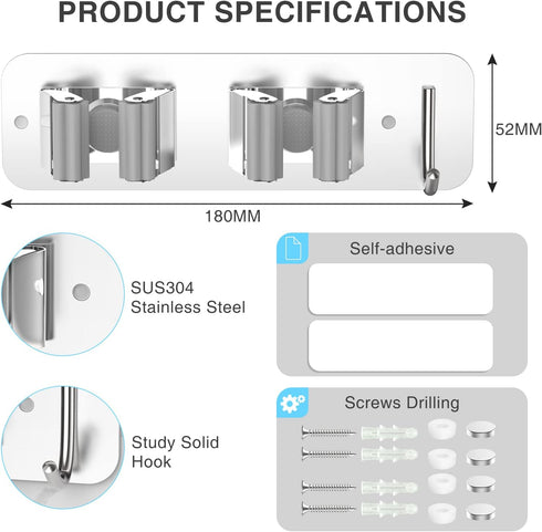 Mop Broom Holder Wall Mounted SUS304 Stainless Steel, Mop Broom Organizer with 2 Installation Methods (No Drilling&Screw Drilling Installation 2 I...