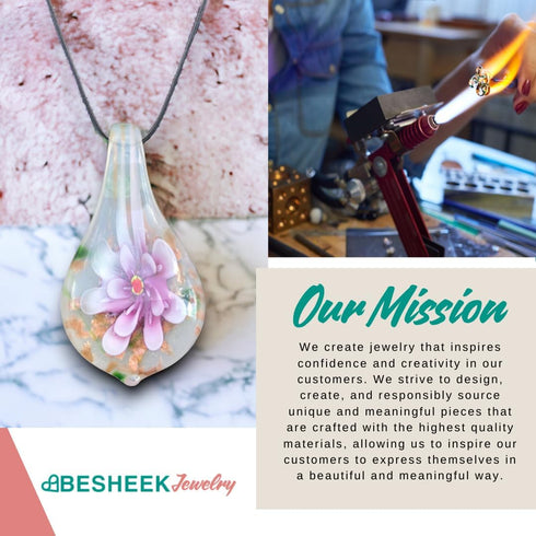 Handmade Murano Inspired Blown Glass Lampwork Art Flower Teardrop Necklace Pendant for Women ? Handcrafted Artisan Hypoallergenic Italian Style Je...