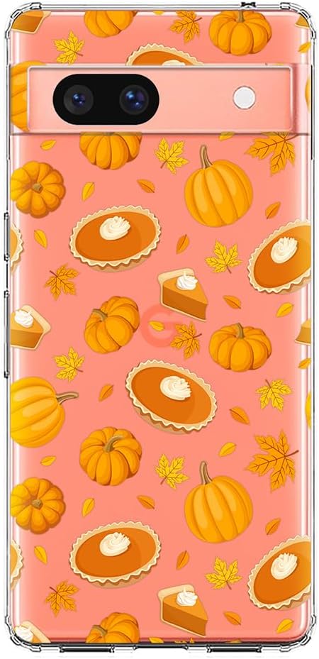 Blingy's for Google Pixel 7a Case, Fun Fall Pumpkin Style with Autumn Leaves Pattern Cute Dessert Design Transparent Soft TPU Protective Clear Cas...