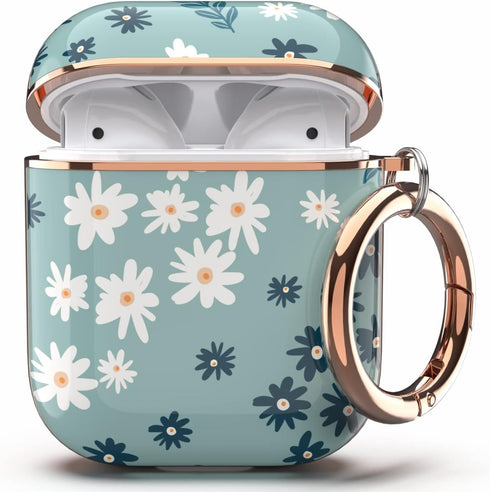 TATOFY Case Cover for AirPods 1&2, Stylish AirPods Case for Women Girls, Flower Patterns Protective Hard Case with Clip (Cyan)...