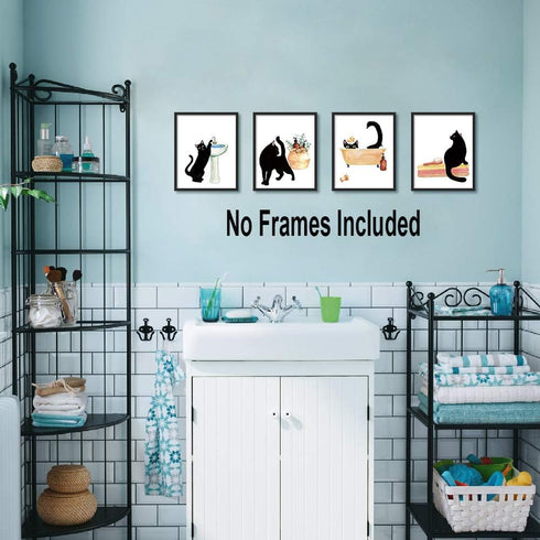 LHIUEM Black Cat Bathroom Decor, Funny Bathroom Wall Art Set of 4(8"X10",unframed) Modern Animals Kitty Pictures, Kitten Bathing Canvas Poster cat...