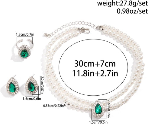 Elegant Pearl Strand Necklace Earrings Rings Set Green Crystal Rhinestone Pearl Choker Necklace Chunky Short Choker Necklace Vintage Dainty Pearl ...