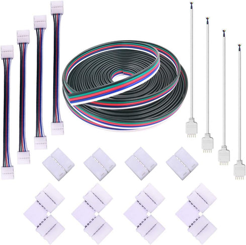 12MM 5PIN RGBW LED Strip Connector Kit with 16.4FT Extension Cable,4PCS Gapless Connectors,5 pin Male Connector Wire Cable,L-Shape Connectors,Stri...