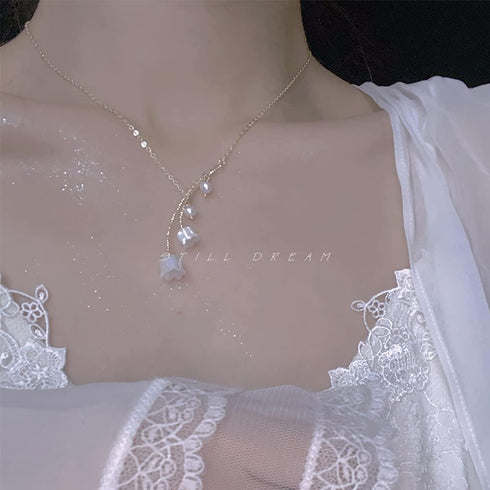 Lily of the Valley Necklace Lily Flower Pearl Pendant Floral Charm Chain Necklace Jewely...