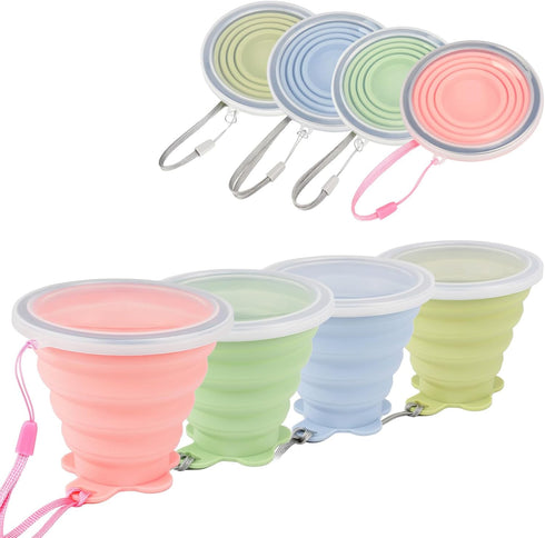 JBER Silicone Collapsible Travel Cup, 4 Pack Silicone Folding Camping Cup with Lids Expandable Drinking Cup for Outdoor Hiking Travel (Olive & Pin...