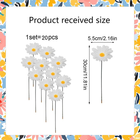 20 Pcs Daisy Garden Stakes Decormetal White Daisy Flower Garden Stakes Iron Crafts, Hand Forged Plant Pick Water Proof Metal Flower Stick Décor fo...