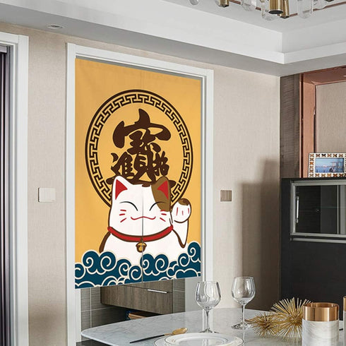 Japanese Noren Doorway Curtain Tapestry Maneki Neko Lucky Cat Door Curtain Ukiyoe Wave Room Divider Home Decoration, 33 x 35 inches...
