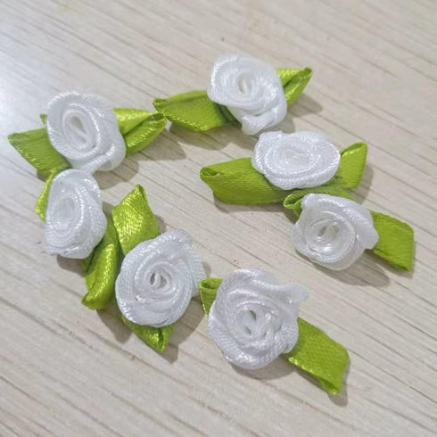 Mini Ribbon Roses, 100Pcs Artificial Fabric Flowers with Green Leaves White Rosettes Mini Ribbon Roses for Crafts Sewing DIY Craft Decoration Wedd...