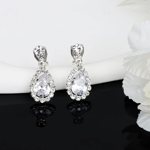 CIEHER Silver 2/3 Pieces Women Jewelry Set - Drop Necklace + Crystal Teardrop Dangle Earring Clips, Crystal Clip On Earrings Silver Non Pierced fo...