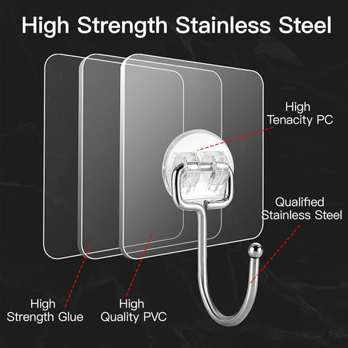 Large Hooks for Hanging Heavy-Duty 44Ib(Max) 10 Packs, Wall Hangers Without Nails Self-Adhesive Traceless Clear and Removable, Waterproof and Rust...