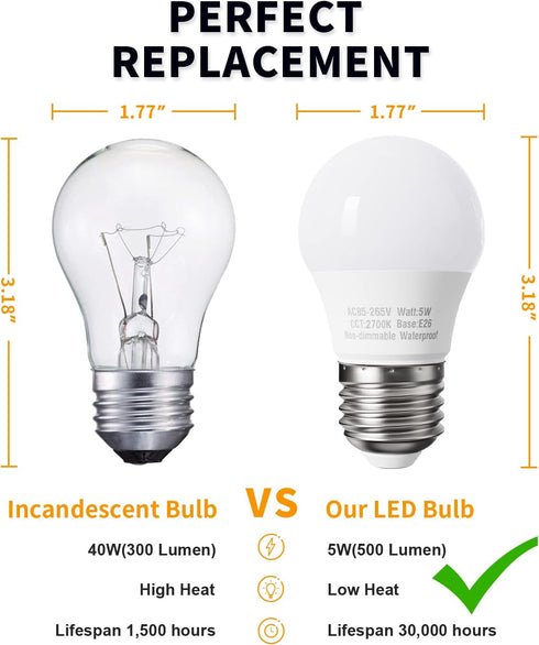 Warm White A15 Appliance Light Bulb, 40W Equivalent, 120V, 2700K, E26 Medium Base, LED Light Bulbs for Refrigerator, Fridge, Freezer, Stove Hood, ...