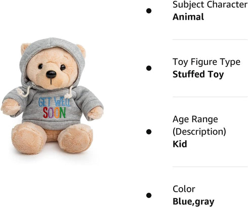 Ganz 9" Get Well Soon Teddy Bear with Gray Hoodie - Feel Better Gift for Kids & Women (Tan Nose Stuffed Animal)...