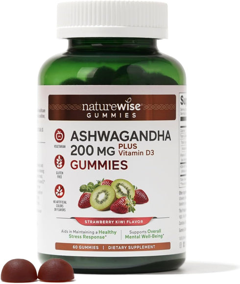 NatureWise Ashwagandha Gummies - Strawberry Kiwi - KSM-66 Ashwagandha with Vitamin D3 - Calming Support - Vegetarian Gummies - Non-GMO, Gelatin Fr...