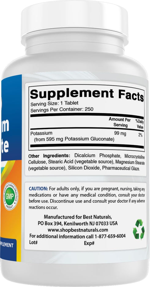 Best Naturals Potassium Gluconate Supplement 595 Mg Tablet, 250Count...