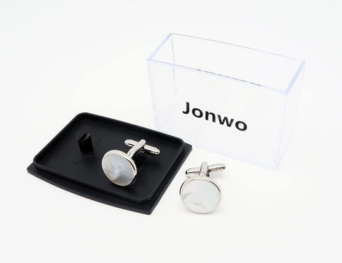 Silver Mother of Pearl Cufflinks in Gift Box Round Cuff Links for Business Wedding Anniversary Dress...