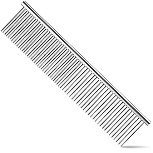 Stainless Steel Pet Dog & Cat Shedding Comb and Grooming Comb with Different Spaced Rounded Teeth,Wide Trimmer Comb. Silver...