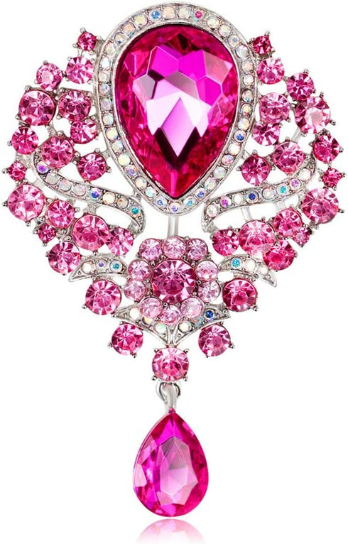 Women's Crystal Silver-Tone Bouquet Flower Teardrop Large Gorgeous Bouquet Brooch Pin (pink)...
