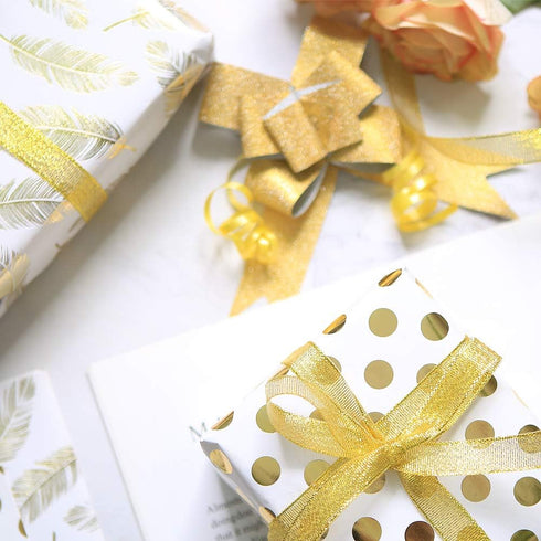 Gift Wrapping Supplies,8 Sheets White Gold Gift Wrapping Paper with 10 Pull Bows 24 Yard Glitter Ribbon and 12 Thank You Lable Sticker for Birthda...