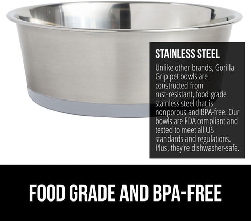 Gorilla Grip Stainless Steel Metal Dog Bowl Set of 2, Rubber Base, Heavy Duty Feeding Dishes, Food Grade BPA Free, Less Sliding, Quiet Pet Bowls f...