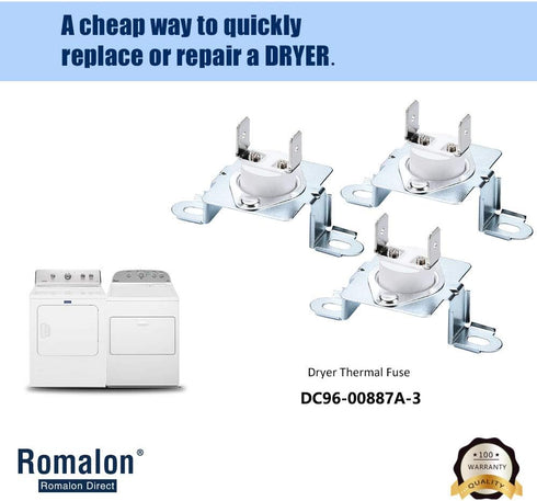 Romalon Thermal Cut Off Fuse DC96-00887A Compatible with Samsung Dryer Assembly Bracket Thermostat Replacement Part DC96-00887C 2074129 AP5966894 - Pack of 3