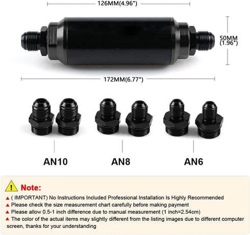 Universal 50MM 100 Micron Inline Fuel Filter with 6AN 8AN 10AN Adapter For Filtering Gasoline, Diesel, E85-Black...