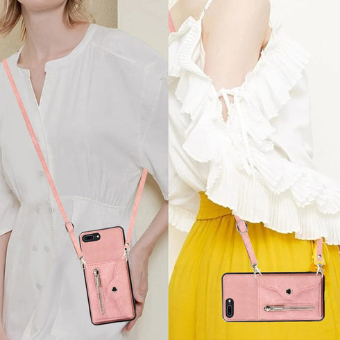 Phone Case for iPhone 7plus 8plus 7/8 Plus Wallet Cover with Wrist Crossbody Strap Lanyard Credit Card Holder Stand Leather Cell Accessories i Pho...