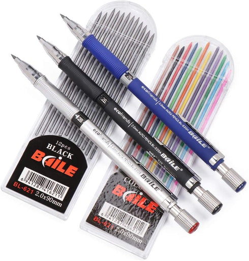 5pcs 2.0 mm Mechanical Pencil Lead Holder Set, 3pcs Automatic Pencils and 2 Cases Lead Refills (Color & Black) for Draft Drawing Writing Crafting ...
