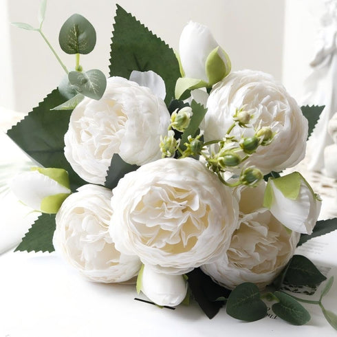 Artificial Peony Flowers Silk Peony Rose Real Touch Fake Flowers 3pcs Single Stem with 5 Heads Bouquet for Home Wedding Party Decoration (White)...