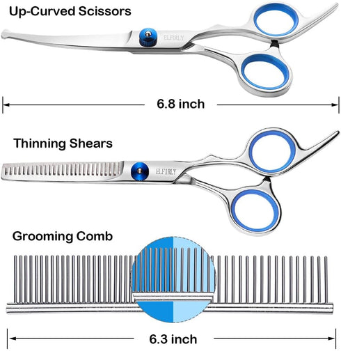 Dog Grooming Scissors Set with Safety Round Tip (2 Pack - Curved Scissors Thinning Shears for Grooming) Pet Grooming Shears with Grooming Comb for...
