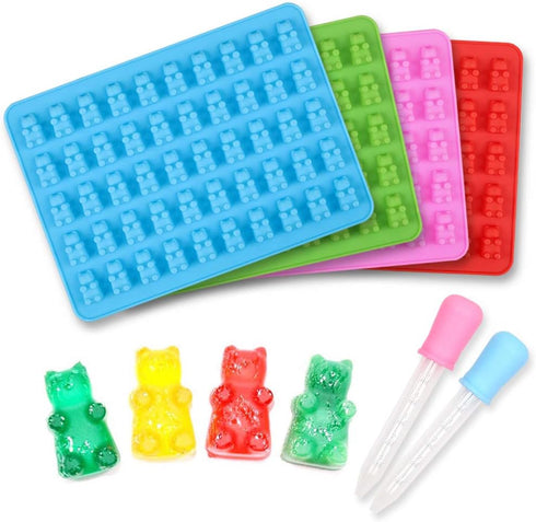 homEdge Silicone Gummy Bear Candy Molds, Set of 4 Packs Non Stick Food Grade Chocolate Gummy Mold Bonus with 2 Dropper-Blue, Red, Green and Pink...