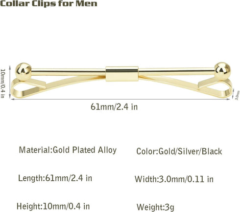 3PCS Shirt Collar Clips Necktie Tie Clips Clip-on Collar Bars Gold Silver Black Metal Cravat Clips Collar Pin Accessories for Men...