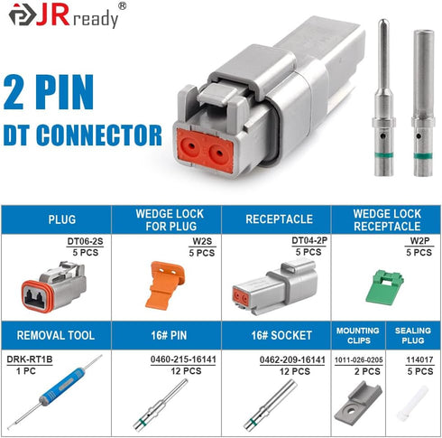 JRready Deutsch Connector 2 Pin Connector Kits with 16 Solid Contacts(14-20AWG),ST6328-2 DT Series Waterproof Connector 2 Pin 5 Set and Deutsch Pi...