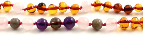Baltic Amber Necklace with Rose Quartz Amethyst Labradorite (12.6 inches, Cognac/Pink)...