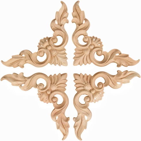 MUXSAM 4Pcs Wood Carved Appliques Onlays, Unpainted Little Wooden Corners Flower Carvings Decals for Mirrors Cabinets Walls Doors Chests Dressers ...