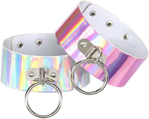 Multicolor Holographic Hologram PU Large O Shape Ring Neckband Choker Necklace Set, 4PCs PN1560...