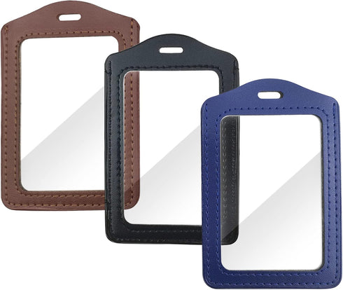 3 Pack Genuine Leather Badge Holders, Vertical ID Card Holders with Double-Side Clear Window, Waterproof Clear Card Holder for Office, Staff, Stud...