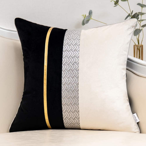 Yangest Black Patchwork Velvet Throw Pillow Cover with Gold Striped Leather Cushion Case Modern Luxury Pillowcase for Sofa Couch Bedroom Living Ro...
