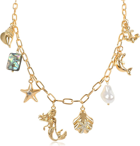 Gold Ocean Charm Necklace for Women Hawaii Chain Necklace with Cute Dangle Mermaid Shell Pearl Starfish Conch Dolphin Ship Anchor Sea Pendant Adju...