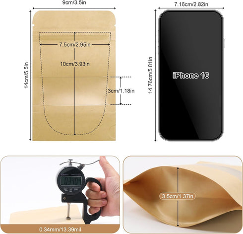 SumDirect Kraft Stand Up Pouches - 50Pcs Resealable Kraft Paper Stand Up Bags with Window, Zipper Food Storage Bags for Home or Business (50, 3.5x...