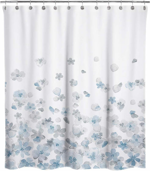 Sunlit Design Extra Long Simple Style Blue and Gray Flower Blossoms Fabric Shower Curtains for Bathroom Decor with White Background...